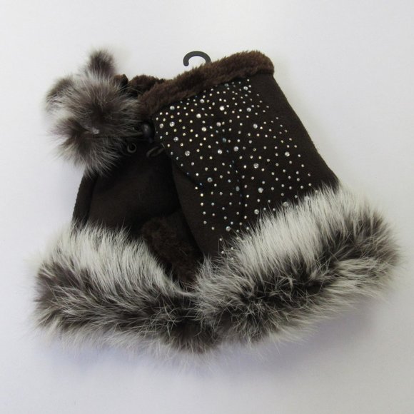 Women's Fingerless Texting Gloves Dark Brown Rhinestone Sparkle Winter Gloves - Picture 1 of 4